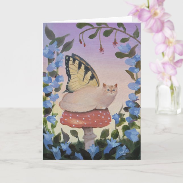 Swallowtail Butterfly Cat on Mushroom Card (Orchid)