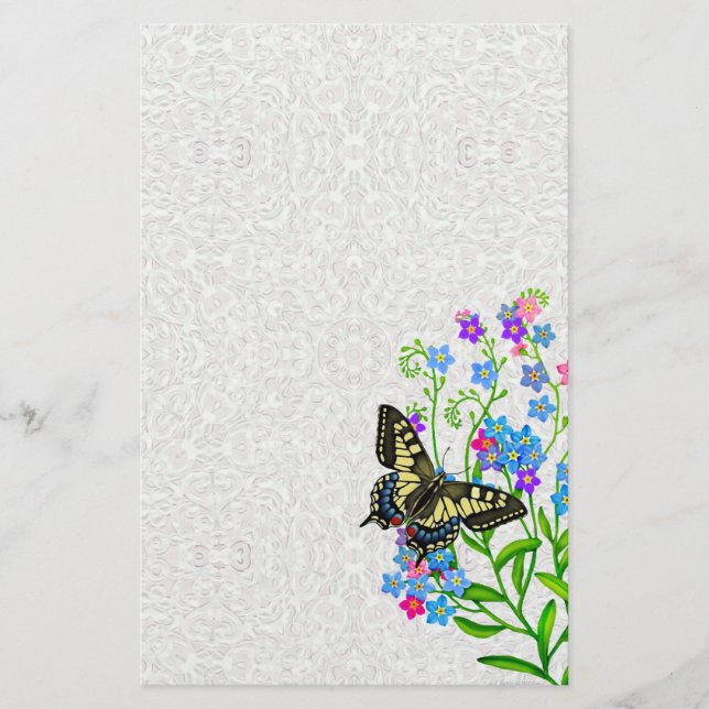 Swallowtail Butterfly on Forget Me Nots Stationary Stationery (Front)