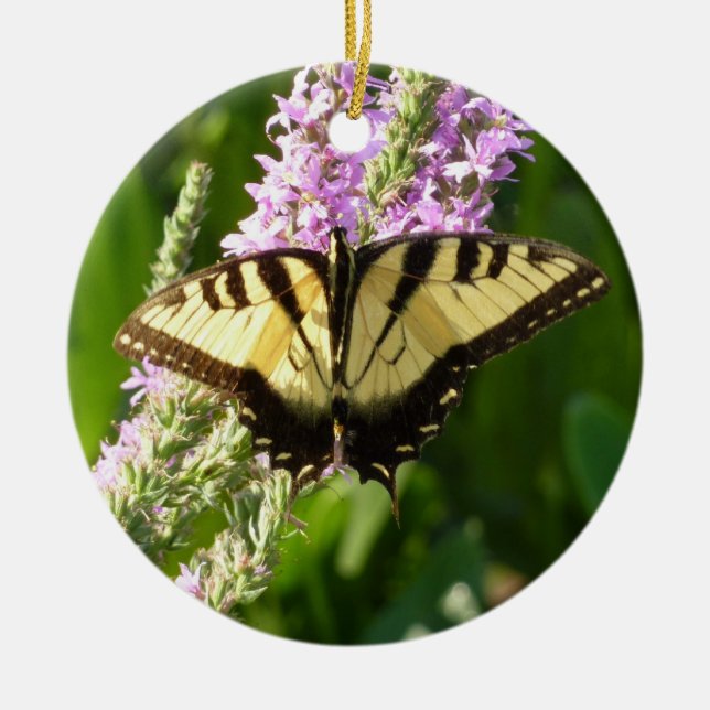 Swallowtail Butterfly on Purple Wildflowers Ceramic Tree Decoration (Front)
