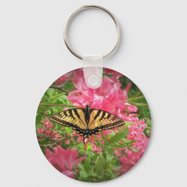 Swallowtail Butterfly Sits on Pink Azaleas Key Ring (Front)