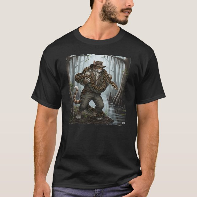 Swamp cat with a huge python in the Everglades! T-Shirt (Front)