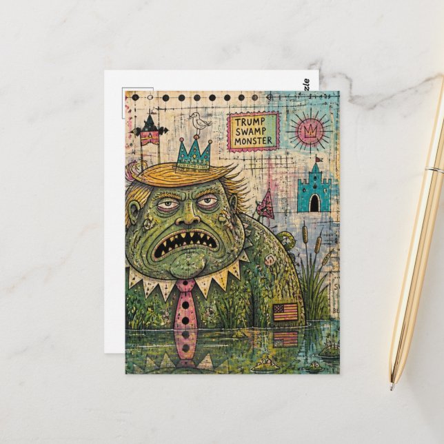 Swamp Monster Mixed Media Funny Collage Postcard (Front/Back In Situ)