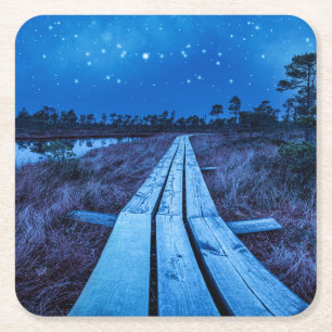 Swamp night square paper coaster