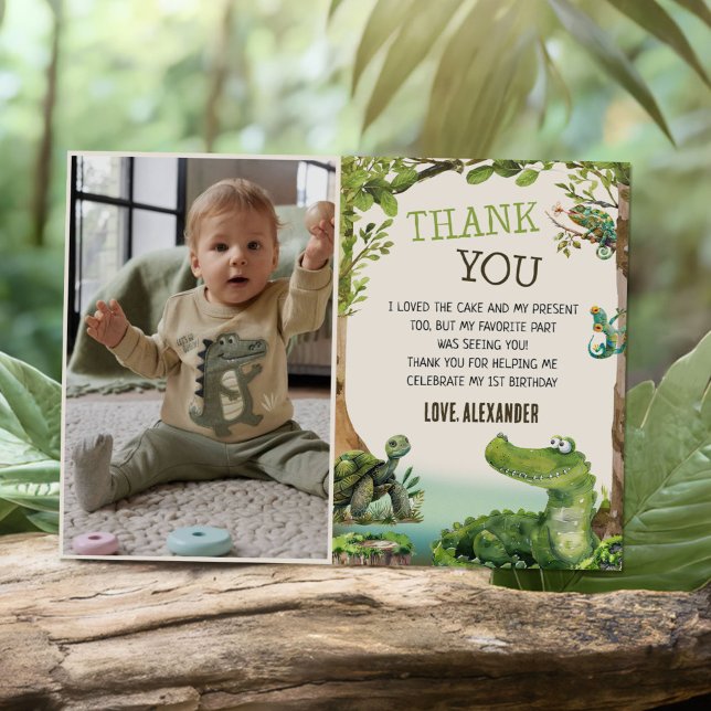 Swamp Reptile Birthday Party Photo Thank You Card (Creator Uploaded)