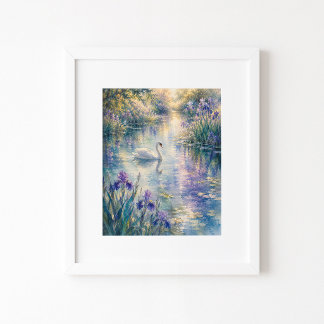 Swan Among the Irises Watercolor Art Print