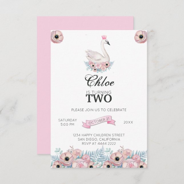 Swan And Crown Birthday Invitation (Front/Back)