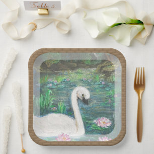 Swan and Lilies (Square) Paper Plate