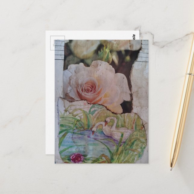 Swan and Roses collage Postcard (Front/Back In Situ)