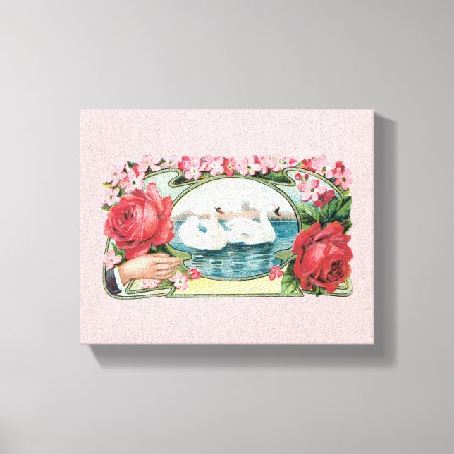 Swan and Roses Vintage Art Wrapped Canvas (Front)