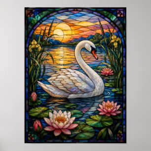 Swan and Water Lilies Stained Glass Window Design Poster