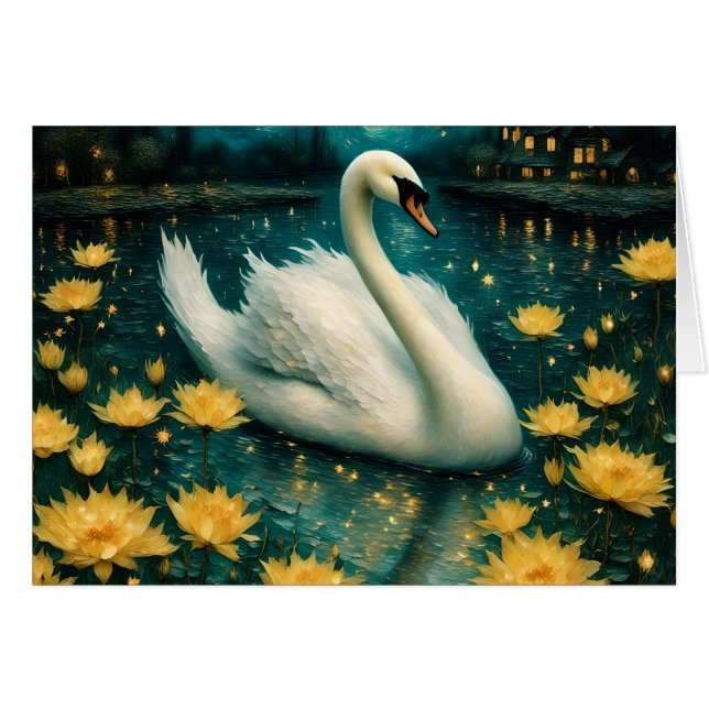 Swan and Yellow Flowers in a Pond (Front Horizontal)