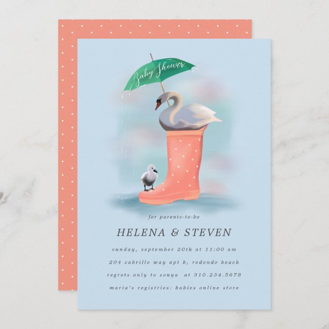Swan & Baby Cygnet Pink & Blue Rain Baby Shower Invitation (Front/Back)