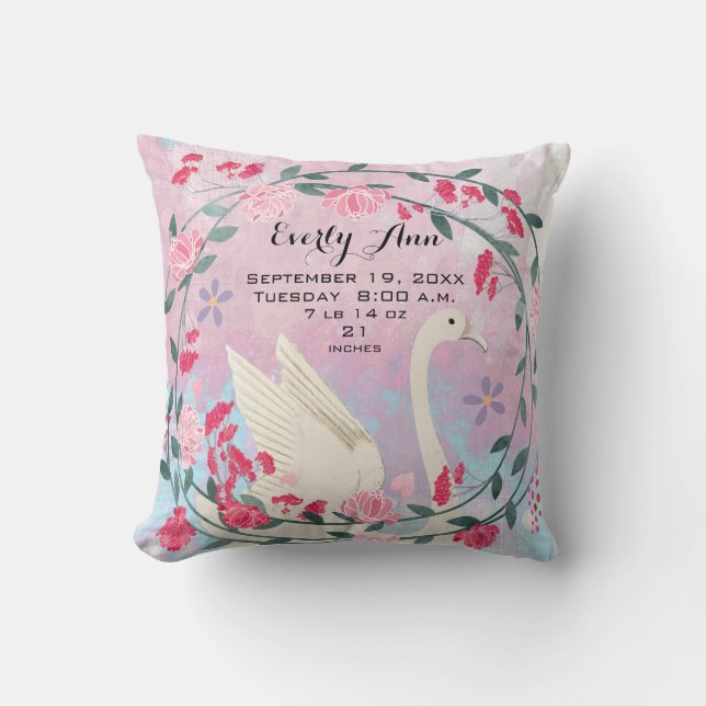 Swan Baby Girl Nursery Baby Stats or Birth Record Cushion (Front)