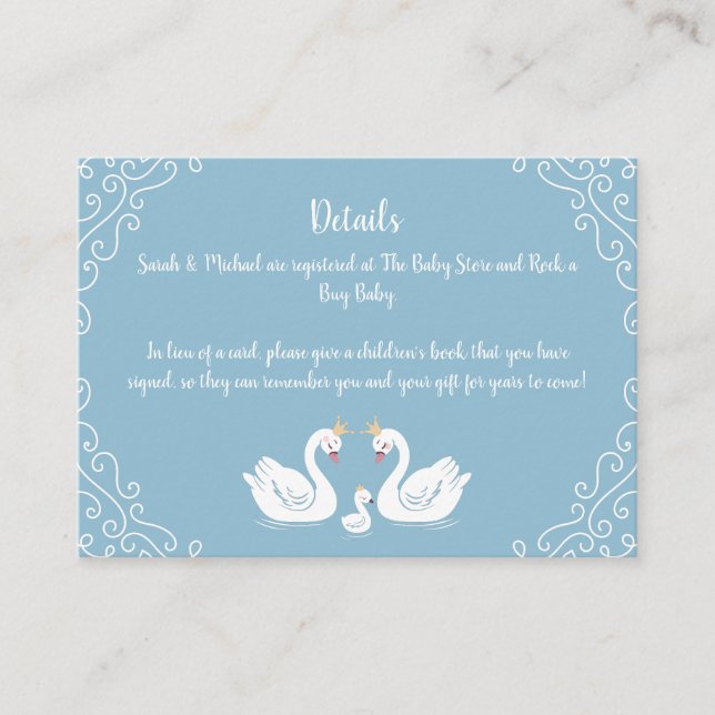 Swan Baby Shower Bird with Crown Co-Ed Blue Enclosure Card (Front)