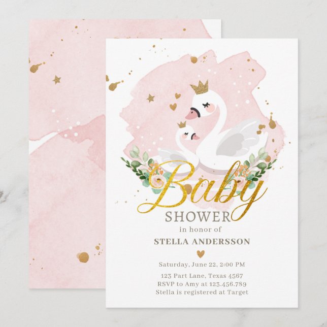 Swan Baby Shower Invite Girl Princess Pink Gold (Front/Back)