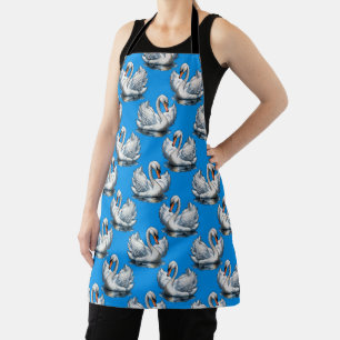 Swan Birds Pattern Design On Blue Apron