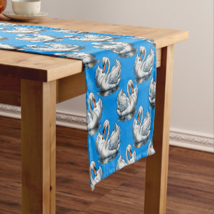 Swan Birds Pattern Design On Blue Short Table Runner