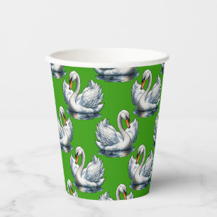 Swan Birds Pattern Design On Green  Paper Cups