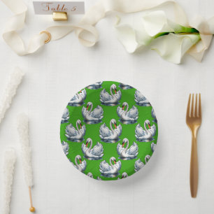 Swan Birds Pattern Design On Green  Paper Plate