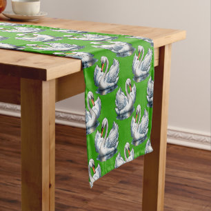 Swan Birds Pattern Design On Green Short Table Runner