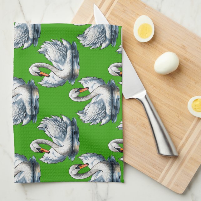 Swan Birds Pattern Design On Green  Tea Towel (Quarter Fold)