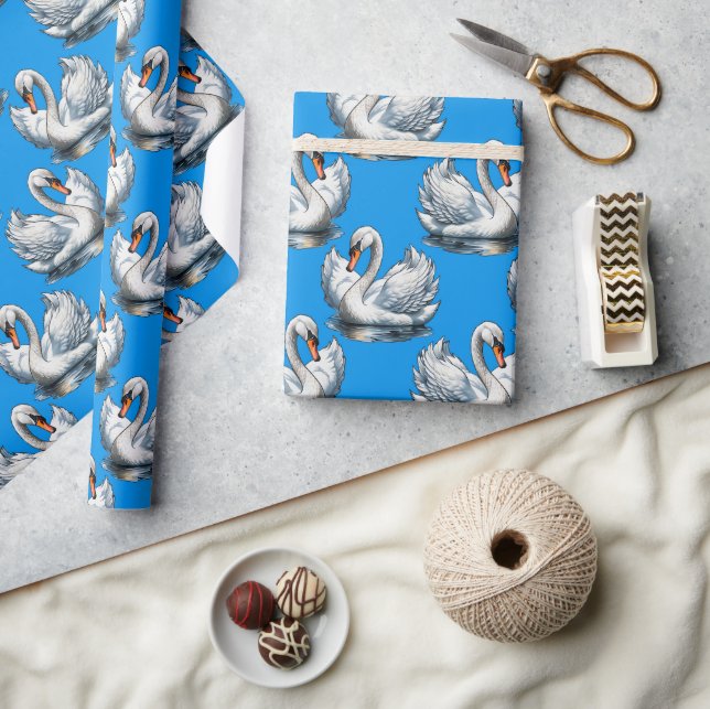 Swan Birds Pattern Design On Green  Wrapping Paper (Crafts)