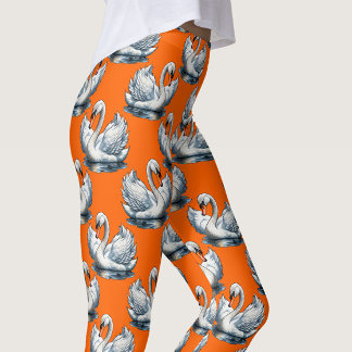 Swan Birds Pattern Design On Orange  Leggings