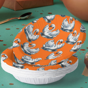 Swan Birds Pattern Design On Orange  Paper Plate