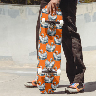 Swan Birds Pattern Design On Orange Skateboard