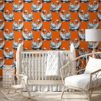Swan Birds Pattern Design On Orange  Wallpaper