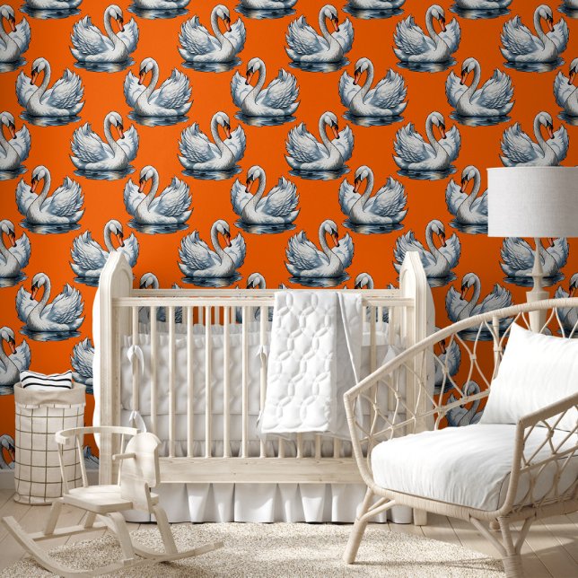 Swan Birds Pattern Design On Orange  Wallpaper (Creator Uploaded)