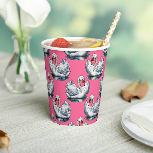 Swan Birds Pattern Design On Pink Paper Cups (Insitu)