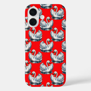 Swan Birds Pattern Design on Red iPhone 16 Case