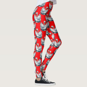 Swan Birds Pattern Design on Red Leggings