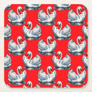 Swan Birds Pattern Design on Red Square Paper Coaster