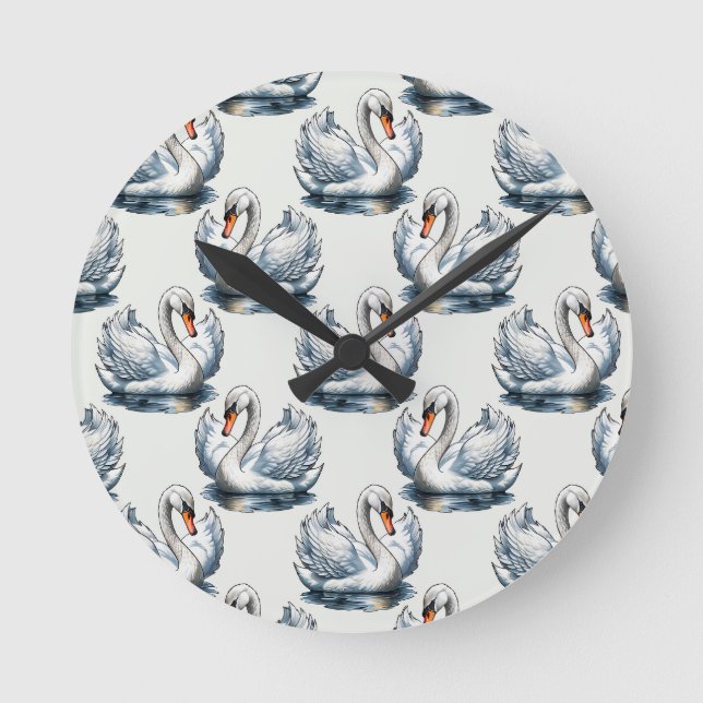 Swan Birds Pattern Design on White  Round Clock (Front)