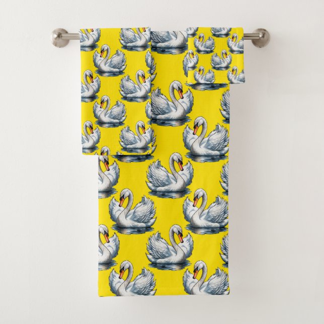 Swan Birds Pattern Design On Yellow  Bath Towel Set (Insitu)
