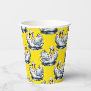 Swan Birds Pattern Design On Yellow  Paper Cups