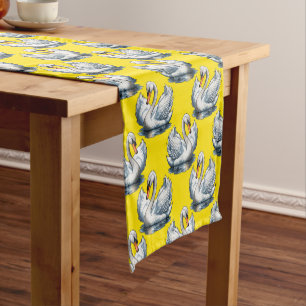 Swan Birds Pattern Design On Yellow Short Table Runner