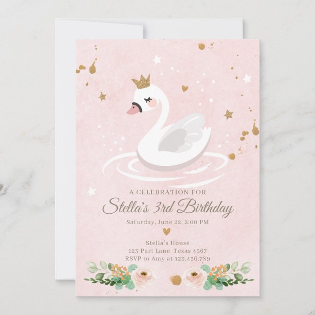 Swan Birthday Invitation Girl Princess Pink Gold (Front)