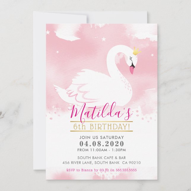 SWAN BIRTHDAY PARTY INVITE pretty tiara gold pink (Front)