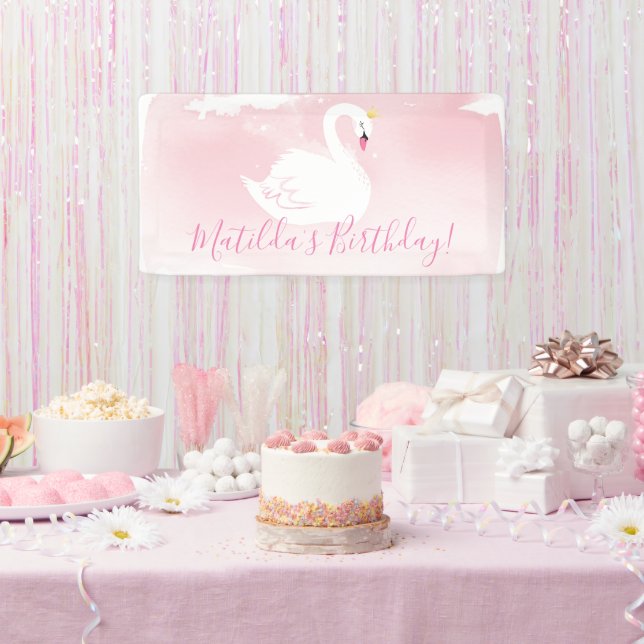 SWAN BIRTHDAY PARTY pretty elegant gold pale pink  Banner (Party)
