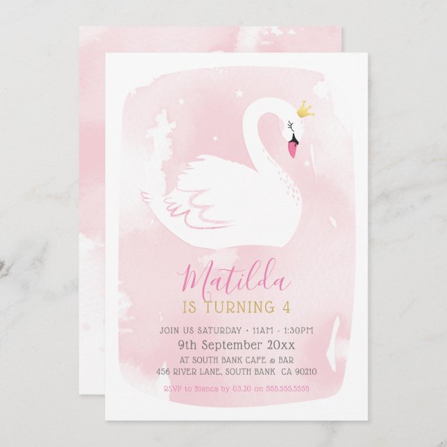 SWAN BIRTHDAY PARTY pretty elegant gold pale pink Invitation (Front/Back)