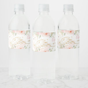 Swan Blush Floral Baby Shower Birthday Party Water Bottle Label