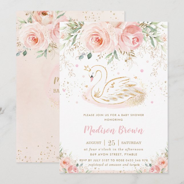 Swan Blush Pink Floral Gold Girl Baby Shower Invitation (Front/Back)