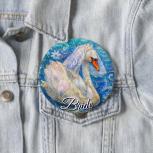 Swan Bride w/Veil on Water Blue White Personalised 10 Cm Round Badge