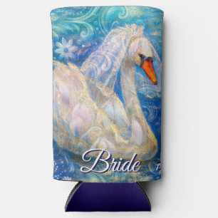 Swan Bride w/Veil on Water Blue White Personalised Seltzer Can Cooler