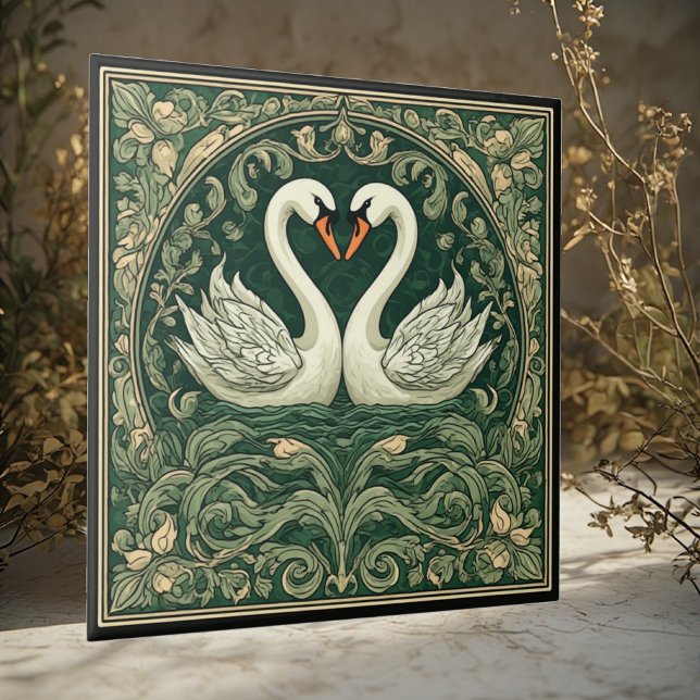 Swan Couple Art Nouveau Decorative Wall Accent Tile (Creator Uploaded)