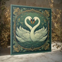 Swan Couple Art Nouveau Forest Green Wall Accent Tile
