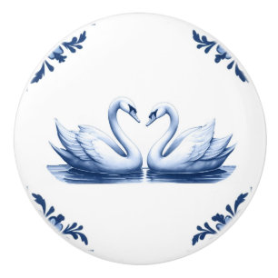 Swan Couple Delft Blue and White Floral Corners Ceramic Knob
